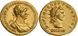 HADRIAN AUGUSTUS. Aureus. AV 7.35 g. IMP CAES TRAIAN HADRIANO AVG DIVI TRA PARTH F Laureate, draped and cuirassed bust r. Rev. DIVI NER NEP·P M TR·P·COS· Radiate bust of Sol r.; below, ORIENS. Rare and in exceptional condition for the issue. Two portraits of fine style struck in high relief on a full flan. Good extremely fine.