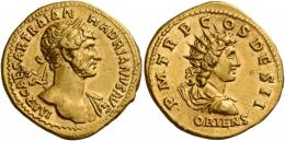 HADRIAN AUGUSTUS. Aureus. AV 7.25 g. IMP CAESAR TRAIAN – HADRIANVS AVG Laureate and draped bust r. seen from front, fold of cloak on l. shoulder and sword belt around neck and across breast. Rev. P M TR P C – OS DES II Radiate and draped bust of Sol r.; below, ORIENS. Rare. Struck on a large flan and complete, minor marks on reverse, otherwise about extremely fine.