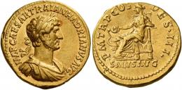 HADRIAN AUGUSTUS. Aureus. AV 7.14 g. IMP CAESAR TRAIAN HADRIANVS AVG Laureate, draped, and cuirassed bust r. Rev. P M TR P COS – DES III Salus seated l. on throne, feet on footstool, feeding out of patera serpent coiled around altar and leaning l. arm on throne. In exergue, SALVS AVG. A lovely portrait of fine style struck in high relief. Pincer marks on edge at ten oclock on obverse and seven oclock on reverse, otherwise about extremely fine