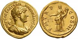 HADRIAN AUGUSTUS. Aureus. AV 7.15 g. IMP CAESAR TRAIA – N HADRIANVS AVG Laureate, draped and cuirassed bust r. Rev. P M TR P – COS III Aequitas standing l., holding scales and cornucopia. C 1117. BMC 151 var (different bust).Rare. A magnificent portrait of superb style struck in high relief, an unobtrusive edge nick at six oclock on reverse, otherwise good extremely fine.