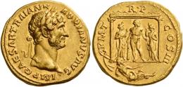 HADRIAN AUGUSTUS. Aureus. AV 7.11 g. IMP CAESAR TRAIAN H – ADRIANVS AVG Laureate head r. Rev. P M T – R P – COS III Hercules standing facing in distyle temple, head r., resting on club and holding apples (?); flanked by two female figures (Hesperides?); below temple, river god (Baetis?) reclining r. Behind in l. field, prow. Very rare and in unusually fine condition for this very difficult issue, among the finest
specimens in private hands. An interesting reverse composition and a pleasant portrait  struck on a full flan. Extremely fine