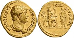 HADRIAN AUGUSTUS. Aureus. AV 7.39 g. HADRIANVS – AVG COS III P P Bare-headed and draped bust r. Rev. AD – VEN – TVS AVG Roma, in military attire, seated r. on cuirass, l. foot on helmet, holding spear in l. hand and clasping r. hands with emperor, togate, who stands l., facing her; in l. field, round and oval shield. Rare. Good very fine / very fine.