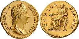 SABINA. Aureus. AV 7.05 g. SABINA AVGVSTA – HADRIANI AVG P P Draped bust r., hair in stephane and in long tail at back. Rev. CONCOR – DIA AVG Concordia seated l., holding patera and leaning l. elbow on statue of Spes. Very rare and in exceptional condition for the issue. A magnificent portrait of masterly style struck in high relief, good extremely fine.