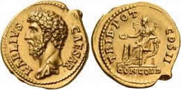 AELIUS CAESAR. Aureus. , AV 7.43 g. L AELIVS – CAESAR Bare-headed and draped bust l. Rev. TRIB POT – COS II Concordia seated l., holding patera and resting l. elbow on cornucopia; in exergue, CONCORD. An exceedingly rare variety with the drapery on the l. shoulder of a rare type. A portrait of excellent style struck on a broad flan. Virtually as struck and almost Fdc.