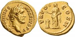 ANTONINUS PIUS AUGUSTUS. Aureus. AV 7.07 g. ANTONINVS – AVG PIVS P P Laureate head r. Rev. TR POT – COS II Pietas standing l. by altar, raising r. hand and holding box of incense. About extremely fine