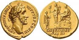 ANTONINUS PIUS AUGUSTUS. Aureus. AV 7.22 g. ANTONINVS AVG PI –VS P P TR P COS III Laureate head r. Rev. Antoninus seated l. on platform extending r. hand and holding scroll in l.; before him Liberalitas standing l., holding abacus and cornucopia; in front, citizen with outstretched hands. In exergue, LIBERALITAS / AVG III. An apparently unrecorded variety of a very rare type. A minor edge nick and almost invisible marks, otherwise good extremely fine.