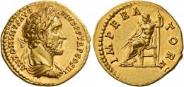ANTONINUS PIUS AUGUSTUS. Aureus. AV 6.87 g. ANTONINVS AVG – PIVS P P TR P COS III Laureate, draped and cuirassed bust r. Rev. IMPERA – TOR II Jupiter seated l., holding thunderbolt and sceptre. Extremely rare. Virtually as struck and Fdc.