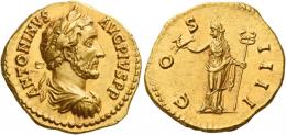 ANTONINUS PIUS AUGUSTUS. Aureus. AV 7.20 g. ANTONINVS – AVG PIVS P P Laureate, draped and cuirassed bust r. Rev. CO – S – IIII Felicitas standing l., holding capricorn in r. hand and long caduceus in l. Virtually as struck and almost Fdc.