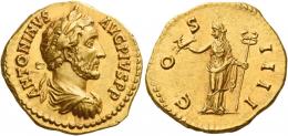 ANTONINUS PIUS AUGUSTUS. Aureus. AV 7.20 g. ANTONINVS – AVG PIVS P P Laureate, draped and cuirassed bust r. Rev. CO – S – IIII Felicitas standing l., holding capricorn in r. hand and long caduceus in l. Virtually as struck and almost Fdc.