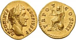 ANTONINUS PIUS AUGUSTUS. Aureus.  AV 7.49 g. ANTONINVS – AVG PIVS P P Laureate head r. Rev. TR PO – T – COS IIII Roma seated l. on a shield, holding Victory and spear. Minor marks on reverse, otherwise about extremely fine.