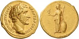 ANTONINUS PIUS AUGUSTUS. Aureus.  AV 7.31 g. ANTONINVS AVG PI – VS P P TR P COS IIII Laureate and cuirassed bust r. Rev. Minerva standing l., holding Victory and resting l. hand on shield; against her l. arm, spear. Good very fine.