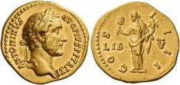 ANTONINUS PIUS AUGUSTUS. Aureus. AV 7.30 g. ANTONINVS – AVG PIVS P P TR P XI Laureate bust r., with drapery on l. shoulder. Rev. CO – S – I – I – II Liberalitas standing l., holding abacus in r. hand and cornucopia in l.; at sides on field, LIB – V. About extremely fine / good very fine.