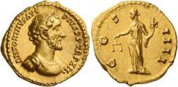 ANTONINUS PIUS AUGUSTUS. Aureus. AV 7.25 g. ANTONINVS AVG – PIVS P P TR P XII Bare-headed and cuirassed bust r. Rev. C – OS – IIII Aequitas standing l., holding scales and cornucopia. A very unusual and pleasant portrait struck in high relief, good extremely fine.