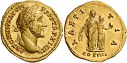 ANTONINUS PIUS AUGUSTUS. Aureus. AV 7.17 g. ANTONINVS AVG PI – VS P P TR P XIIII Laureate head r., with drapery on l. shoulder. Rev. LAETI – TIA Ceres standing r., holding corn-ears and beside her, Proserpina standing facing, head l. holding pomegranate; in exergue, COS IIII. Rare and in an extraordinary state of preservation. A perfect Fdc.