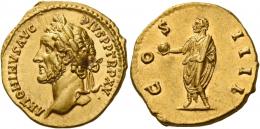 ANTONINUS PIUS AUGUSTUS. Aureus.  AV 7.18 g. ANTONINVS AVG – PIVS P P TR P XV Laureate head l. Rev. CO – S – IIII Antoninus, togate, standing l., holding globe in extended r. hand and scroll in l.  Virtually as struck and almost Fdc.