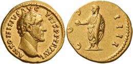 ANTONINUS PIUS AUGUSTUS. Aureus. AV 7.11 g. ANTONINVS AVG – PIVS P P TR P XVI Bare head r. Rev. CO – S – IIII Antoninus, togate, standing l., holding globe in extended r. hand and scroll in l. Good very fine.