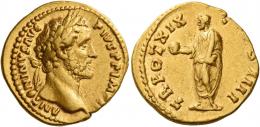 ANTONINUS PIUS AUGUSTUS. Aureus. AV 7.34 g. ANTONINVS AVG – PIVS P P IMP II Laureate head r. Rev. TR POT XIX – C[O]S IIII Antoninus, togate, standing l., holding globe in r. hand and scroll in l. Good very fine.