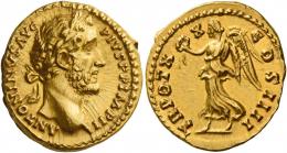 ANTONINUS PIUS AUGUSTUS. Aureus. AV 7.23 g. ANTONINVS AVG – PIVS P P IMP II Laureate head r. Rev. TR POT X – X – COS IIII Victory advancing l., holding wreath in r. hand and palm branch in l. Several minor marks, otherwise good extremely fine.
