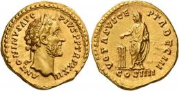 ANTONINUS PIUS AUGUSTUS. Aureus.   AV 7.27 g. ANTONINVS AVG – PIVS P P TR P XXII Laureate head r. Rev. VOTA SVSCE – PTA DEC III Antoninus, veiled, standing l. and sacrificing over tripod; in exergue COS IIII. Virtually as struck and almost Fdc.