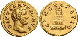 ANTONINUS PIUS AUGUSTUS. Aureus.  AV 7.27 g. DIVVS – ANTONINVS Bare head r. Rev. CONSECRATIO Decorated and garlanded pyre of four tiers surmounted by quadriga. Rare. About extremely fine.