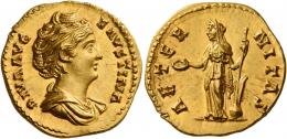 DIVA FAUSTINA. Aureus. AV 7.26 g. DIVA AVG – FAVSTINA Draped bust r., hair coiled on top of head. Rev. AETER – NITAS Fortuna standing l., holding patera and rudder on globe. In an exceptional state of preservation. A perfect Fdc.
