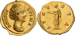 DIVA FAUSTINA. Aureus.  AV 7.00 g. DIVA FAV – STINA Draped bust r., hair waved and coiled on top of head. Rev. AVG – V – STA Venus, diademed, standing l., raising r. hand and lifting skirt. A portrait of lovely style, virtually as struck and almost Fdc.