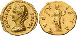DIVA FAUSTINA. Aureus.  AV 7.33 g. DIVA FAV – STINA Diademed, veiled and draped bust l. Rev. AVG – V – STA Ceres, veiled, standing l., holding torch in each hand. A portrait of excellent style struck on a full flan. An almost invisible mark on cheek, otherwise virtually as struck and almost Fdc.