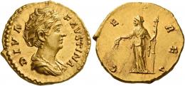 DIVA FAUSTINA. Aureus. AV 7.27 g. DIVA – FAVSTINA Draped bust r., hair waved and coiled on top of head. Rev. CE – RES Ceres, standing l., holding two grain ears and torch. Virtually as struck and almost Fdc.