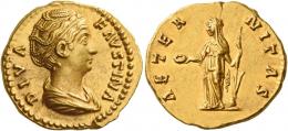 DIVA FAUSTINA. Aureus. AV 7.31 g. DIVA – FAVSTINA Draped bust r., hair waved and coiled on top of head. Rev. AETER – NITAS Fortuna standing l., holding patera in r. hand and rudder on globe in l. Good extremely fine.