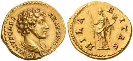 MARCUS AURELIUS CAESAR. Aureus.  AV 7.32 g. A[VR]ELIVS CAES – AR AVG P II F COS II Bare-headed and draped bust r. Rev. HILA – R – ITAS Hilaritas standing l., holding long palm branch and cornucopia. An extremely rare variety. A portrait of excellent style struck on a very large flan and a lovely light reddish tone. Two almost invisible marks on obverse, otherwise good extremely fine.
