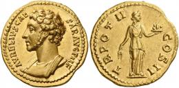 MARCUS AURELIUS CAESAR. Aureus. AV 7. 33 g. AVRELIVS CAE– SAR AVG P II F Bare-headed, draped and cuirassed bust l. Rev. TR POT II – COS II Fides standing r., holding corn ears in r. hand and basket of fruit in upraised l.  Very rare. A wonderful and unusual portrait of excellent style struck in high relief. Virtually as struck and almost Fdc