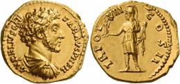 MARCUS AURELIUS CAESAR. Aureus.  AV 7.09 g. AVRELIVS CAE – SAR AVG P II FIL Bare-headed, draped, and cuirassed bust r. Rev. TR POT – VIII – COS II Roma, helmeted, in military attire, standing l., holding Victory on extended r. hand and parazonium in l. A lovely portrait of fine style. Trace of edge filing at three oclock on obverse, otherwise good extremely fine