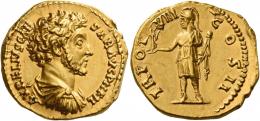MARCUS AURELIUS CAESAR. Aureus.  AV 7.09 g. AVRELIVS CAE – SAR AVG P II FIL Bare-headed, draped, and cuirassed bust r. Rev. TR POT – VIII – COS II Roma, helmeted, in military attire, standing l., holding Victory on extended r. hand and parazonium in l. A lovely portrait of fine style. Trace of edge filing at three oclock on obverse, otherwise good extremely fine