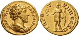 MARCUS AURELIUS CAESAR. Aureus. AV 7.28 g. AVRELIVS CAE – SAR AVG P II FIL Bare-headed, draped, and cuirassed bust r. Rev. TR PO – T – VIIII COS II Roma, helmeted, in military attire, standing l., holding Victory on extended r. hand and parazonium in l. About extremely fine.