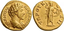 MARCUS AURELIUS CAESAR. Aureus. AV 7.31 g. AVRELIVS CA – ESAR AVG P II FIL Bare-headed, draped and cuirassed bust r. Rev. TR POT X – COS II Minerva advancing r., holding javelin in r. hand and round shield in l. Good very fine.