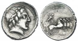 ANÓNIMA. Denario. Roma. (86 a.C.). R/ Júpiter en cuadriga, sin ley. CRAW-350A2 (Gargilia). FFC-85. MBC-.