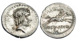 104  -  CALPURNIA. Denario. Roma (90-89 a.C.). A/ Marca número detrás de la cabeza. R/ Marca XXIII; ROMA en monograma. FFC-232. CRAW-340/1. Porosidades. EBC-/EBC.