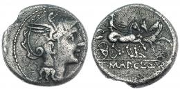114  -  MALLIA. Denario. Roma (111-110 a.C.). CRAW-299.1b. FFC-834. Leves oxidaciones y rotura al borde. MBC-.