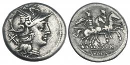 119  -  SCRIBONIA. Denario. Roma (154 a.C.). CRAW-201.1. FFC-1100. Rayita en anv. MBC.