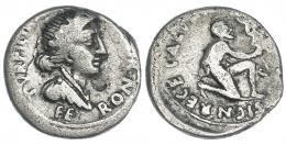 AUGUSTO. Denario. Roma (19 a.C.). A/ Busto de Feronia a der.; ley. interna TVRPILLIANUS III VIR y externa FERON. R/ Parto arrodillado a der. con vexillum; CAESAR AVGVSTVS SIGN RECE. RIC-288. FFC-305. Rayitas y contramarca. BC+. Muy escasa.