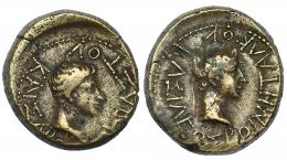 AUGUSTO y RHOEMETALCES I. AE 18. Tracia (11 a.C.-12 d.C.). A/ Cabeza de Rhoemetalces diademada a der.; ley. griega BASILEWS ROIMHTALKOU. R/ Cabeza de Augusto a der.; KAISAROS SEBASTOV. Ae 6,41 g. RPC-1718. COP-1192. MBC/MBC-.