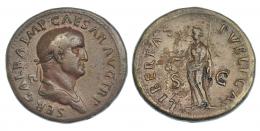 GALBA. Sestercio. Roma (68-69 d.C.). A/ Cabeza laureada y drapeada a der.; alrededor ley. interna SER GALBA IMP CAESAR AVG TR P. R/ Libertas a izq. con pileus y vara; en campo S-C; alrededor interna LIBERTAS PVBLICA. RIC-237 (vte. ley. anv.). Leves erosiones en rev. Pátina marrón. MBC. Rara.