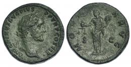 ANTONINO PÍO. Sestercio. Roma (140-144) A/ Cabeza laureada a der.; ANTONINVS PIVS P P TR P COS III. R/ Moneta a izq. con balanza y cornucopia; MONETA AVG, S-C. RIC-610. Pátina verde rugosa. MBC/MBC-.