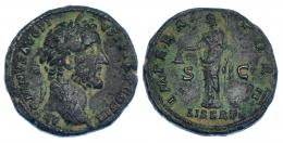 ANTONINO PÍO. As. Roma (143-144). R/ Libertas a izq. con pileus y vara; IMPERATOR II, exergo LIBERT, S-C. RIC-738. Leves oxidaciones. MBC-.