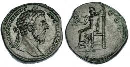 MARCO AURELIO. Sestercio. Roma (172-173). A/ Cabeza laureada a der.; M ANTONINVS AVG TR P XXVII. R/ Júpiter sentado a izq. con Victoria y cetro. RIC-1063. MBC/MBC-.