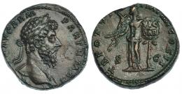 LUCIO VERO. Sestercio. Roma (166). A/ Cabeza laureada a der.; L. VERVS ARM PARTH MAX. R/ Victoria de frente mirando a der. con palma y escudo con ley. VIC/PAR sobre tronco de palmera; S-C. RIC-1456. Trazas de limpieza mecánica. EBC-/MBC.