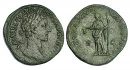 CÓMODO (bajo Marco Aurelio). Sestercio. Roma (178). A/ Cabeza laureada a der.; L AVREL COMMODVS AVG TR P III. R/ Libertas a izq. con píleo y vara; LIBERTAS AVG IMP II COS P P., S-C. RIC-1588. Pátina verde rugosa. MBC-. 