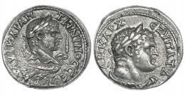 CARACALLA. Tetradracma. Tiro (213-217). A/ Cabeza laureada a der. sobre águila, delante clava; ley. griega AYT KAI ANTWNINOC CE. R/ Cabeza de Melkart laureada a der.; ley. griega DEMARX EZYPAT D. PR-1543. SGI-No.  MBC+.
