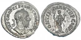 MACRINO. Denario. Roma (217 a.C.). R/ Felicitas a izq. con cornucopia y caduceo largo; PONTIF MAX TR P COS PP. RIC-21. EBC/MBC+.