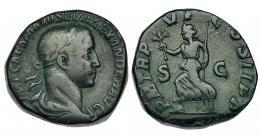 ALEJANDRO SEVERO. Sestercio. Roma (227 a.C.). R/ Pax avanzando a izq. P M TR P VI COS II  P P. RIC-465. Pátina verde. MBC-.